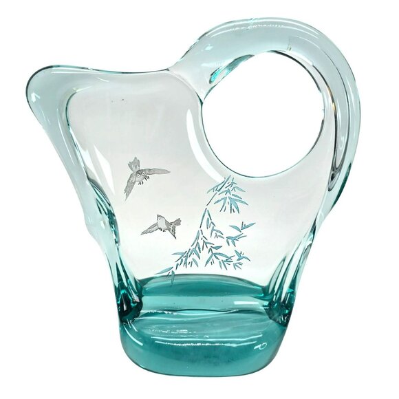 Art Glass With Engraved Birds & Bamboo Design Sculptural Form Aqua Blue JE353